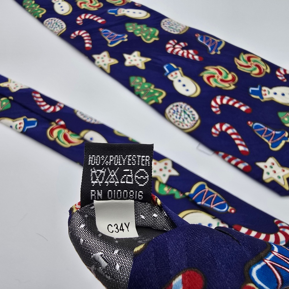 Keith Daniels Mens Christmas Cookie Holiday Necktie Navy Blue Snowman Tree - Picture 4 of 6